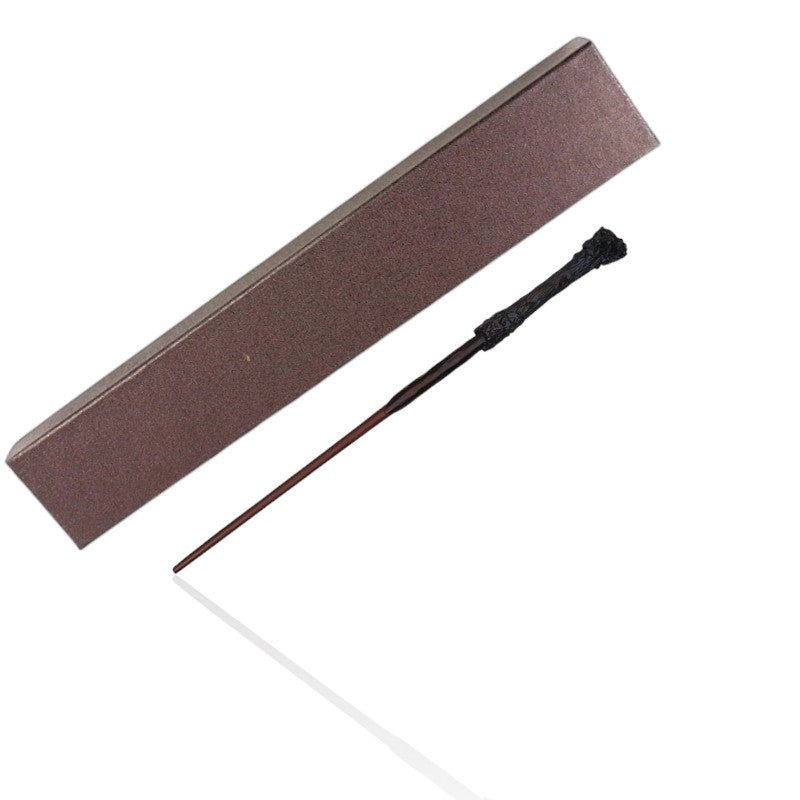Harry Potter’s wand replica with a textured black handle and brown shaft, displayed with a matching collector’s box on a white background