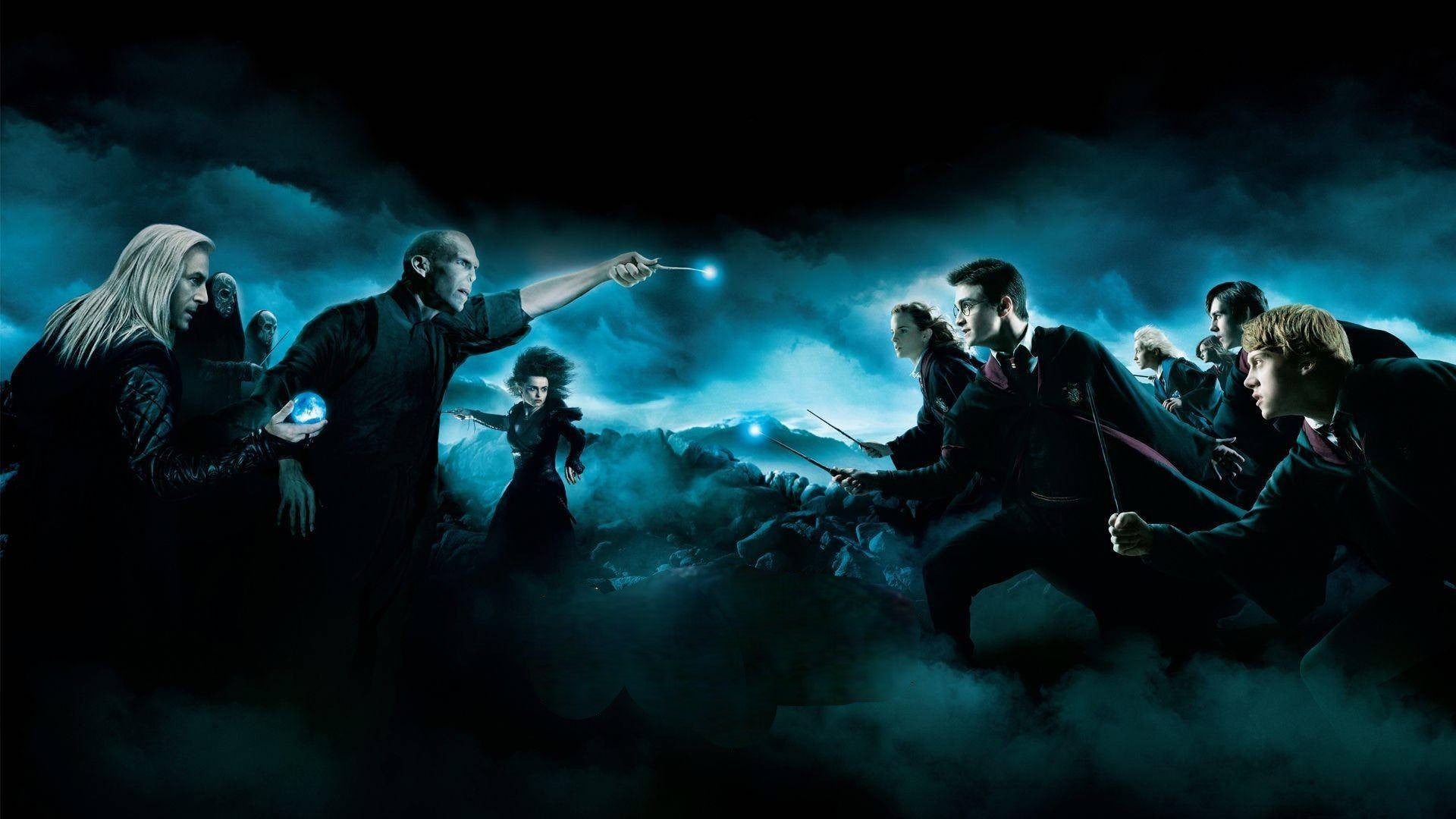 Harry Potter, Voldemort, and Death Eaters in a dramatic wizard duel with swirling blue magic in the background