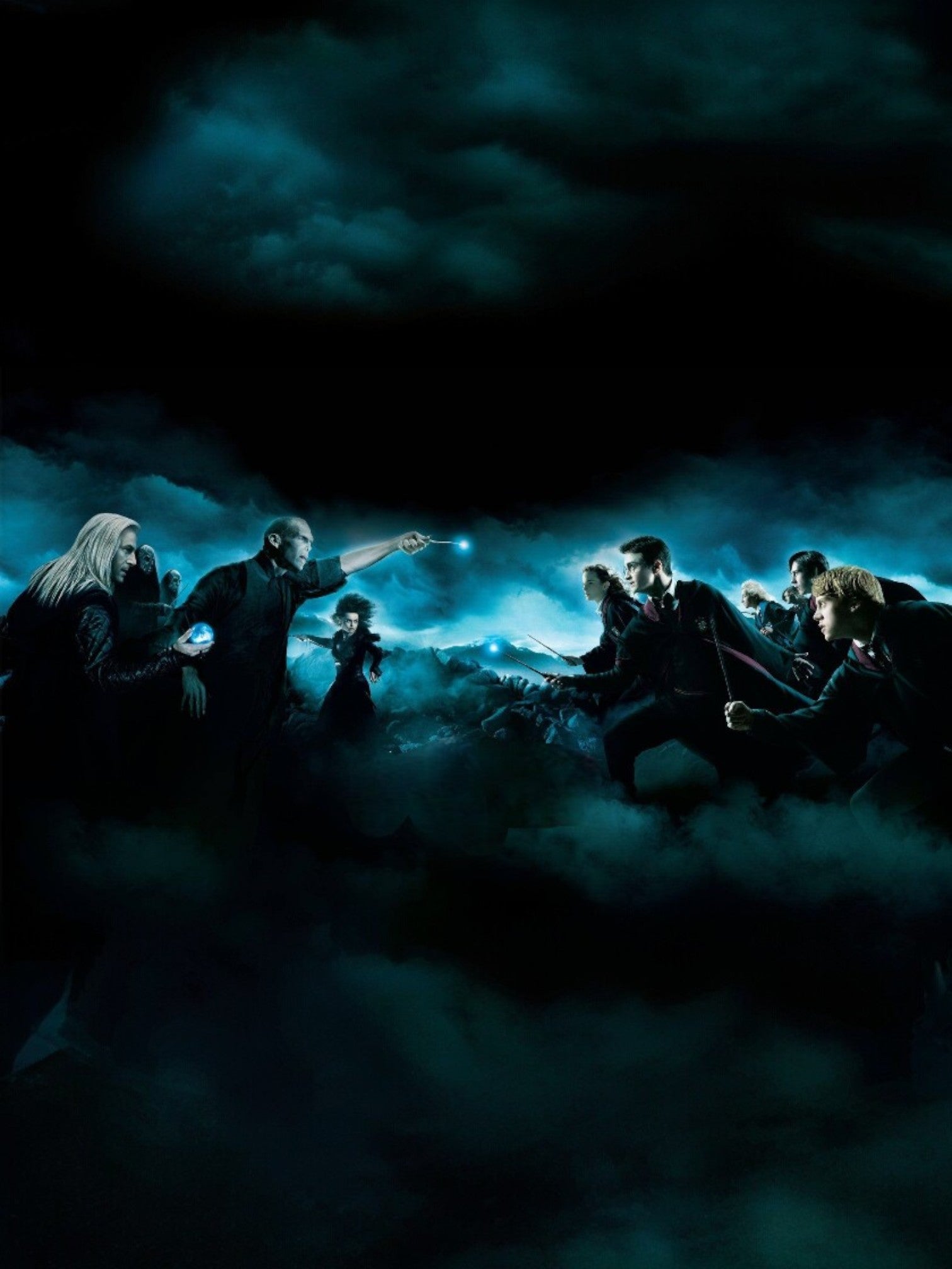 Harry Potter, Voldemort, and Death Eaters in a dramatic wizard duel with swirling blue magic in the background