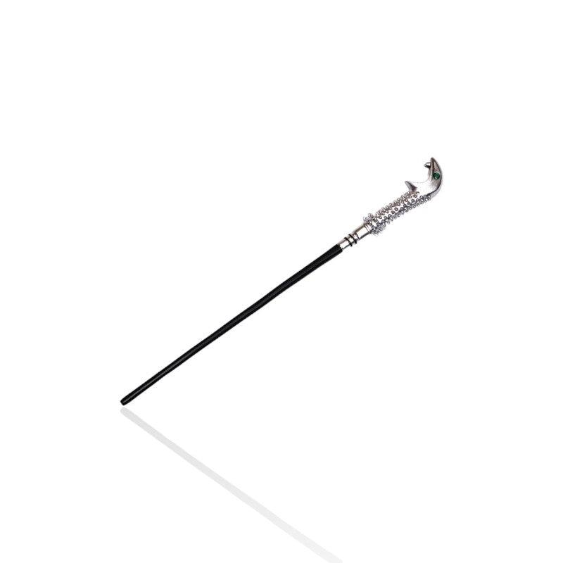 Lucius Malfoy’s wand replica from Harry Potter, featuring an elegant silver snake handle and sleek black shaft, displayed on a white background