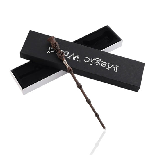 Dumbledore-inspired Elder Wand with a glowing tip, displayed in a luxury 'Magic Wand' box, perfect for cosplay and collectors