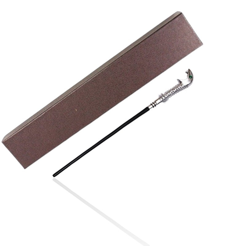 Lucius Malfoy’s wand replica from Harry Potter, featuring an ornate silver snake handle and black shaft, displayed with a collector’s box