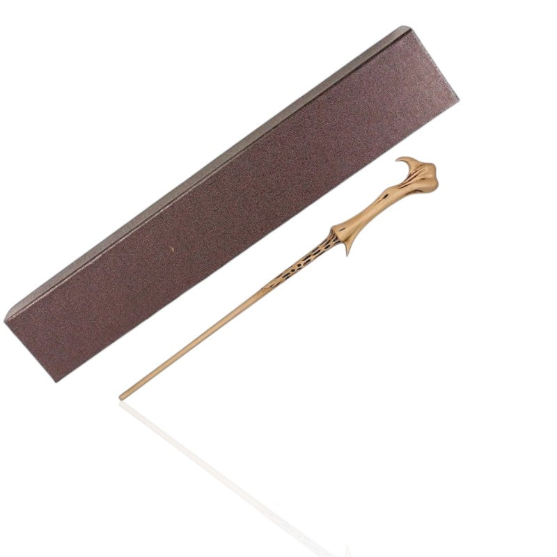 Voldemort’s bone wand from Harry Potter displayed with its collector’s box, featuring an ivory-like curved handle and elegant design